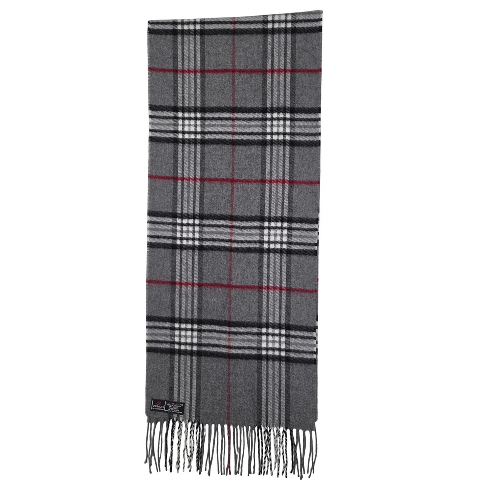 V. Fraas Scarf Mens OS Grey Cashmink Plaid Check Fringe Made in Germany